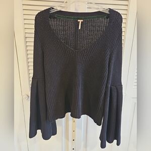 Free People Womens Long Flare Sleeve V Neck Crochet Knit Sweater Black Small